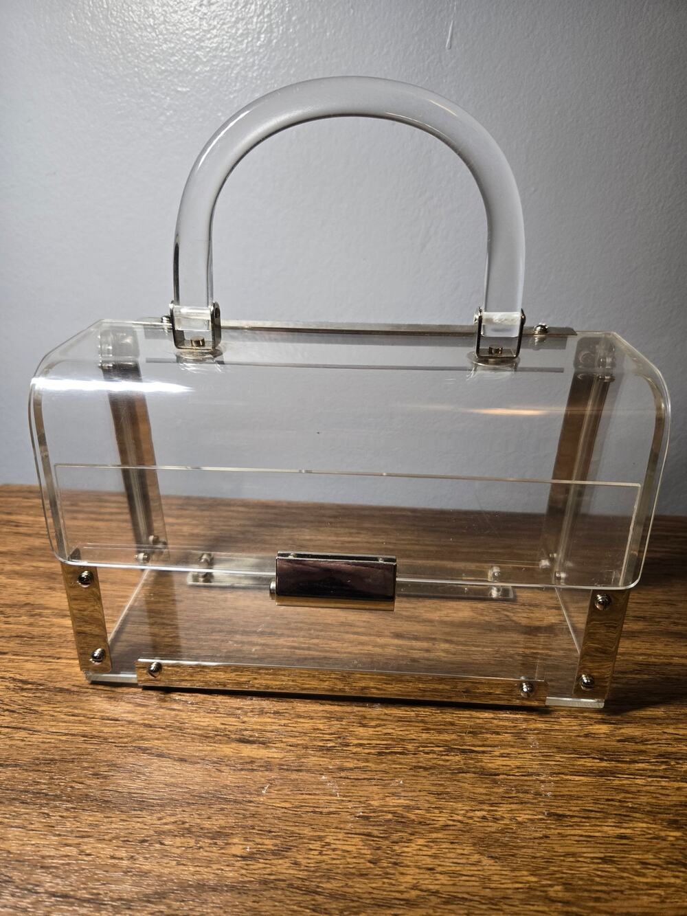 VTG 1950s Clear Lucite Box Purse Mid Century Chrome Hinged Makeup Clutch Bag